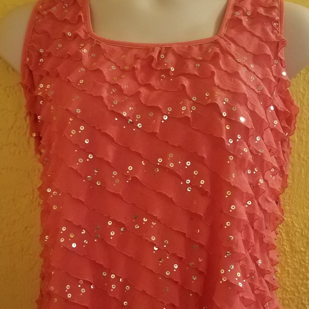 Pink Coral Ruffle SEQUIN Tank Shirt PLUS 1X 18 20